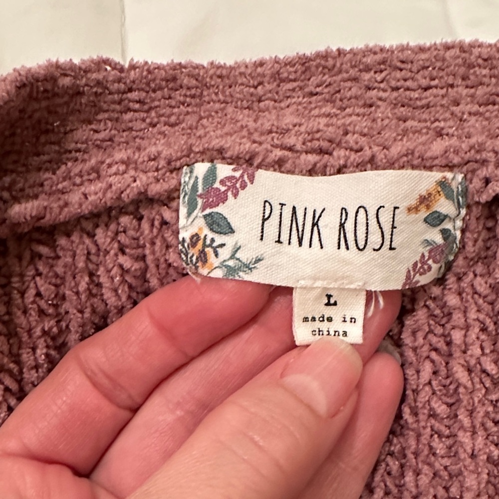 Pink Rose Mauve Open Front Knit Cardigan Sweater Size L Boho Ribbed - Picture 2 of 4